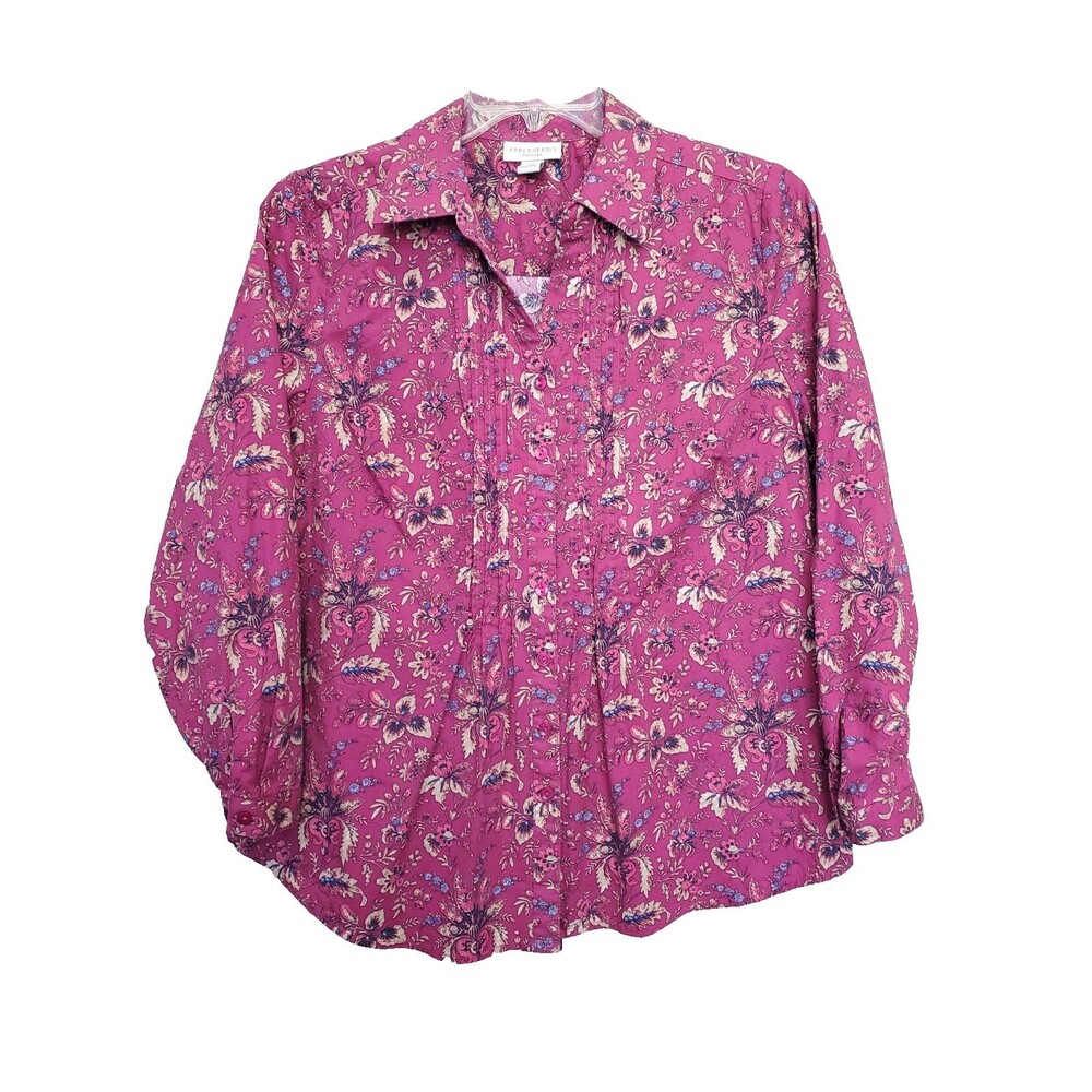 Appleseed's Petites Pink Floral Pintucked Button-Up Tunic Size PXL